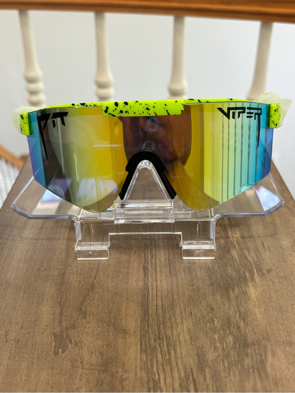 Pit Viper Neon Yellow Speckled Shield Sunglasses with Mirrored Rainbow Lens